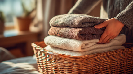 Obraz premium Hands placing neatly folded clothes in a wicker basket in cozy home light