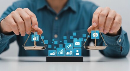 Person balancing digital business icons on a scale, representing data analysis, strategic decision-making, and performance evaluation.