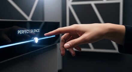 Close-up of a hand touching a control panel labeled 'PERFECT SILENCE' with a glowing slider.