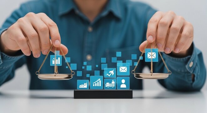 Person balancing digital business icons on a scale, representing data analysis, strategic decision-making, and performance evaluation. - Powered by Adobe