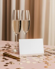 Elegant celebration with champagne flutes, blank card mockup, golden pen, festive confetti on pink background. Luxury, minimal scene for New Year, Christmas, anniversaries, parties, invitations, sp