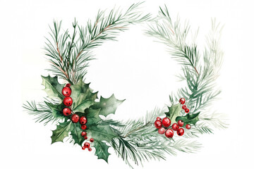 Watercolor illustration of a wreath with red berries, holly leaves and fir tree branches