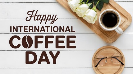 Celebrate International Coffee Day with a stylish beverage break and blooming white roses, capturing moments of simple joy and the love of coffee