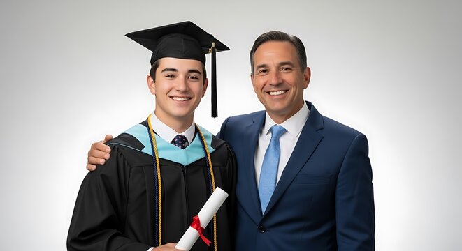 Proud father with son in graduation cap and gown holding diploma celebrating academic achievement milestone - Powered by Adobe