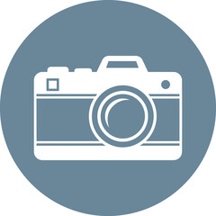 White camera icon on a blue circular background.