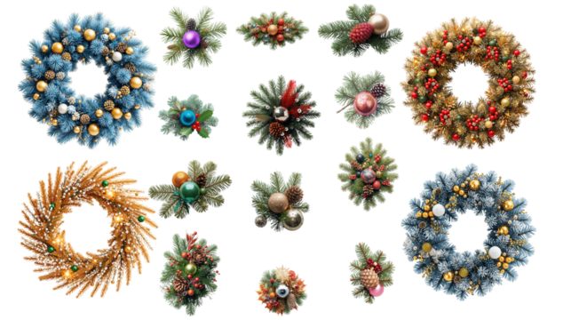 Beautiful Christmas wreath made from a Christmas tree with balls isolated on transparent background