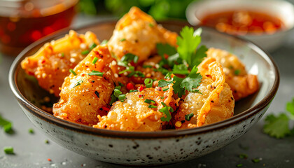 Fototapeta premium Crispy fried dumplings served in bowl with spicy dipping sauce and fresh herbs. Appetizing food.
