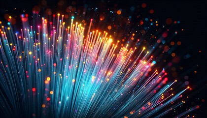 close-up macro shot of colorful fiber optic strands glowing in dark, symbolizing high-speed internet