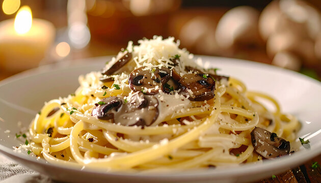 Tasty pasta dish with truffle mushrooms, creamy sauce and grated cheese, gourmet food.