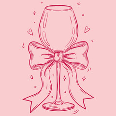 Vector red glas with red whimsical bow. Illustration of alcoholic cocktail, pink background, retro style