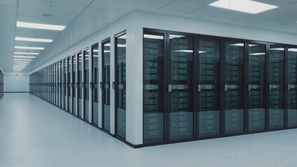 Modern data center with a long row of server racks, futuristic technology concept for cloud computing, big data, and information storage, IT infrastructure.