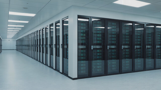 Modern data center with a long row of server racks, futuristic technology concept for cloud computing, big data, and information storage, IT infrastructure. - Powered by Adobe