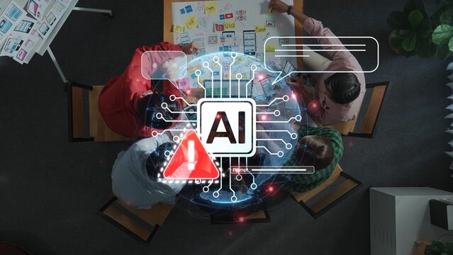 Aerial view of a diverse team collaborating on an artificial intelligence project using digital tools in a modern office environment. Visualize ideas and innovation. Raster - Powered by Adobe