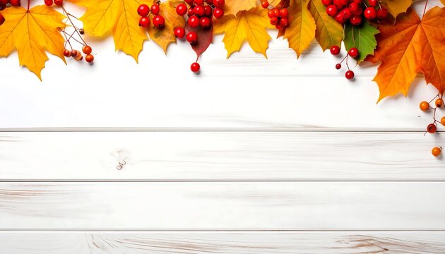 Autumns Embrace - Vibrant Leaves and Berries on a White Wooden Surface.