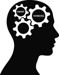 Human head silhouette with gears representing thinking