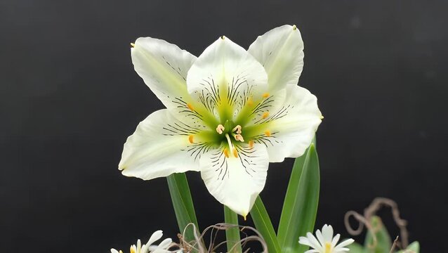 lapse of growing white freesia refracta klatt flower from bud to full blossom spring flower freesia blooming isolated on black background 4k video studio shot close up