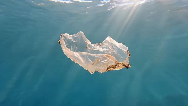 Single Piece of Plastic Waste Drifting and Floating Beneath the Surface of the Open Ocean Filmed in Slow Motion on a Sunny
