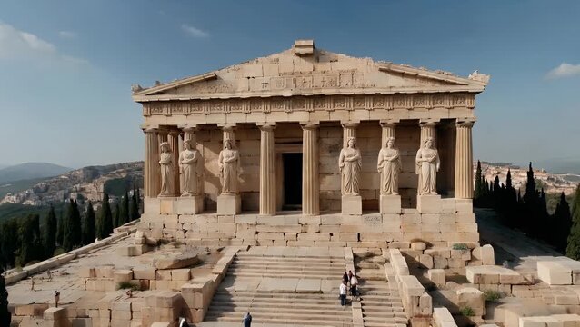 Elevated Aerial Perspective of a Historic Hilltop Featuring an Ancient Columned Structure a Prominent Tourist Destination and a Symbol of Classical