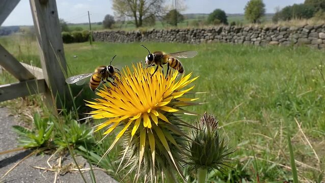 hover flies syrphus ribesii collins nectar from the flower of a creeping thistle on a grass verge of a country lane in the village of teigh near to oakham rutland england