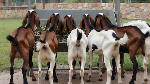 Rear Perspective of Caprine Animals Enthusiastically Consuming Delicious Forage from a Zoological Feeding Trough Featuring Long-Eared