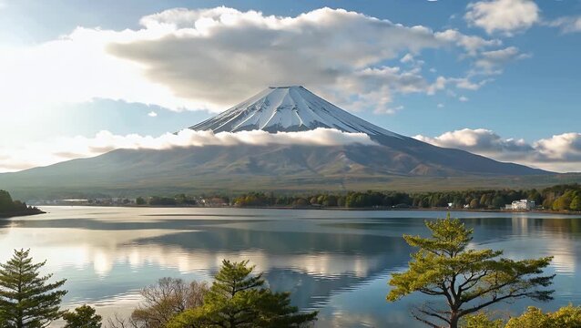 Majestic Mountain with a Distinctive Lenticular Cloud Formation Reflected Perfectly in the Calm Waters of a Lake Footage with an Accurate Color Profile and Basic Color Correction Applied for Flexible