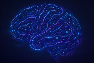Futuristic abstract digital illustration depicting neural networks in glowing blue and purple brain structure concept