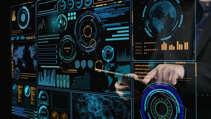 Explore a futuristic business analytics interface featuring digital data visualizations. The image showcases technology in use for industry insights and effective decision-making. Cipher