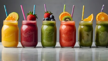 Assortment of Colorful Fresh Fruit Smoothies in Mason Jars with Strawberries, Kiwi and Orange Slices on Marble Background