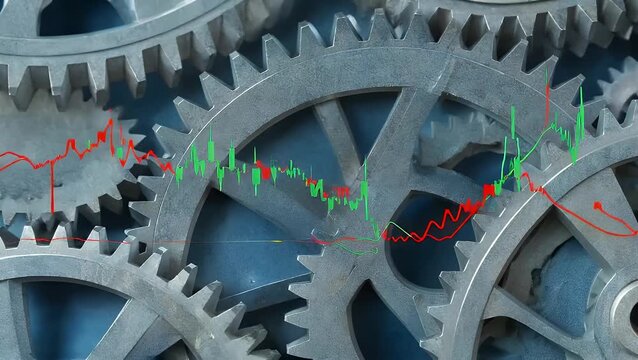 abstract representation of a stock market rollercoaster with sharp peaks and drops symbolizing the volatility of stock prices in the background a series of gears and