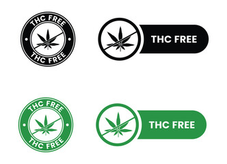 THC free set icons. Zero Tetrahydrocannabinol. Images with cannabis leaf in black and green. THC free labels, THC free emblem
