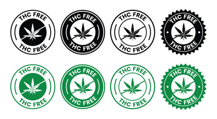 THC free set icons. Zero Tetrahydrocannabinol. Images with cannabis leaf in black and green. THC free labels, THC free emblem