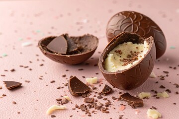 Broken chocolate eggs with cream filling on pink background. Sweet dessert concept, candy texture, cocoa indulgence, and celebration treat. Easter, holiday, and minimal food design concept.