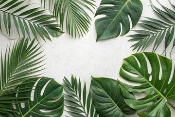 Tropical green leaves frame on light background. Summer botanical layout with monstera and palm leaves. Nature, freshness, minimal design, and organic concept for natural lifestyle themes.