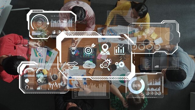 A diverse team in a modern office collaborates on marketing strategies, surrounded by data visualizations that enhance their analysis and decision-making process. Raster