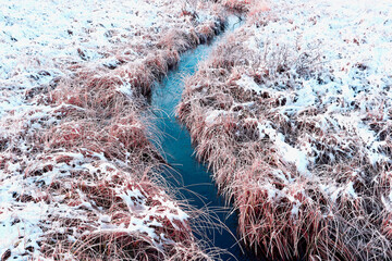 The outflow of Olterudelva River from the Tjuvåstjernet Lake, part of the Totenåsen Hills,...