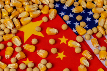 United States and China Flags with soybeans and corn grain. Chinese and America agriculture trade agreement, trade war and tariffs concept.