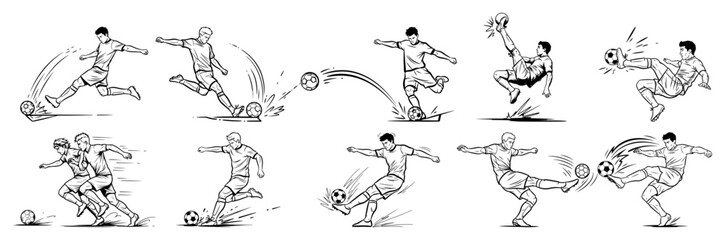Set of dynamic soccer player poses – hand‑drawn football action illustration pack
