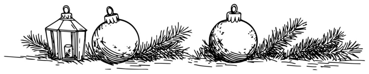 Retro lantern and Christmas baubles resting on fir branch – cozy vintage holiday engraving border