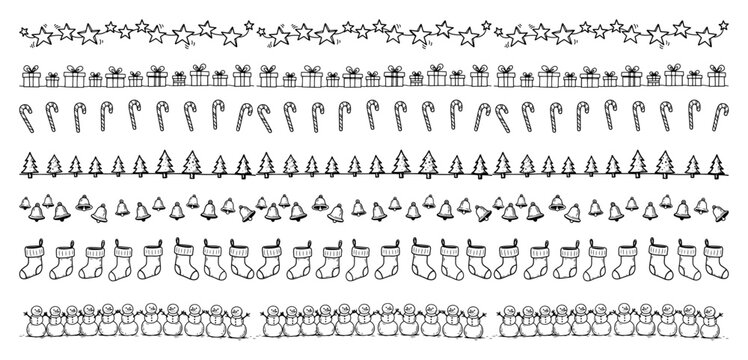 Christmas borders of stars, presents, candy canes, trees and stockings &ndash; seamless minimalist line‑art icon pattern for festive designs