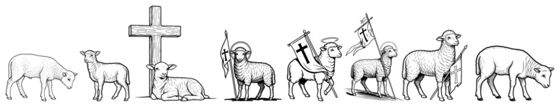 Lamb and cross procession icons &ndash; pastoral Christian symbol border