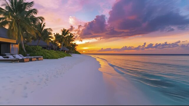 A tranquil beach scene features palm trees swaying gently by the ocean as the sun sets over the horizon. The vibrant sunset colors reflect beautifully on the calm water and soft sa