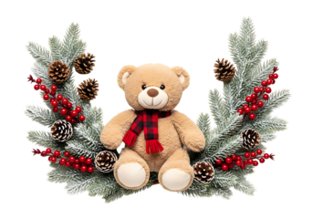 Teddy Bear with Plaid Scarf Amidst Frosted Pine – Cozy, Heartwarming Holiday Scene of Winter Charm

