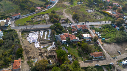 Urla Klazomenai ancient city archaeological excavation aerial view with drone. Urla - Turkey