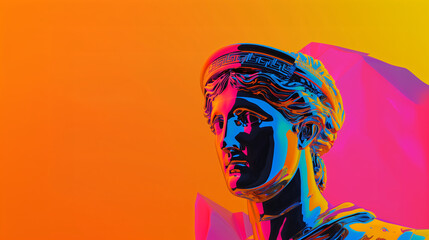 Surreal digital sculpture of a greek goddess bust bathed in neon light, symbol of beauty and transformation. perfect for modern branding, fashion campaigns, and creative visual storytelling.