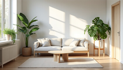 Minimalist home interior with light wood furniture and Scandinavian design featuring green plants