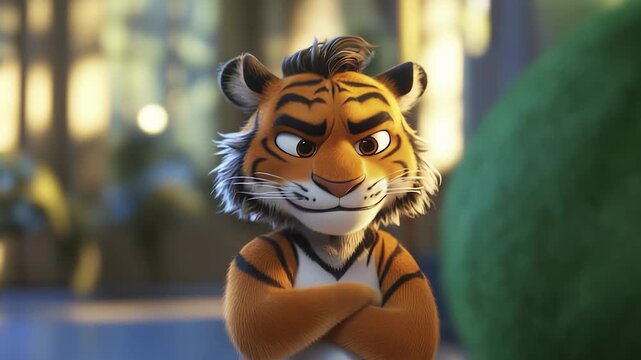 A tiger character stands confidently with crossed arms, showcasing its vibrant fur and striking features. The tiger character exudes a playful yet assertive presence in a bright en
