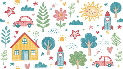 Hand-drawn seamless pattern with cars, house, trees, and cheerful sun. Playful cartoon background for baby products, nursery, and children wallpaper.