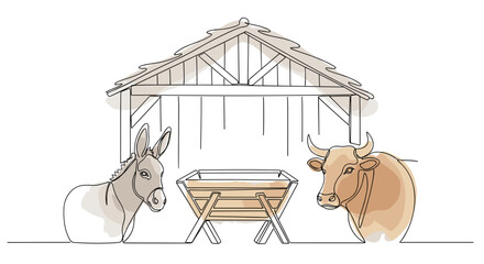 Nativity Manger Scene: Empty Stable with Donkey and Ox. Minimalist One-Line Watercolor Vector for print