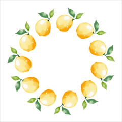 Watercolor lemon wreath with yellow and green tones arranged in a round frame, minimalist style, spring mood, isolated, vector