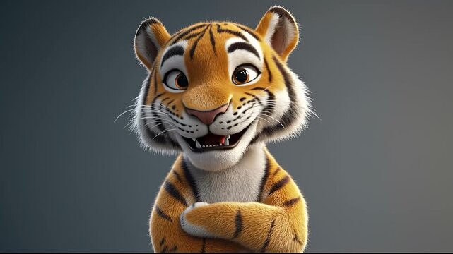 A playful tiger character stands with arms crossed, showing off its bright orange fur and playful smile. The tiger character's charming expression adds warmth to the simple backgro